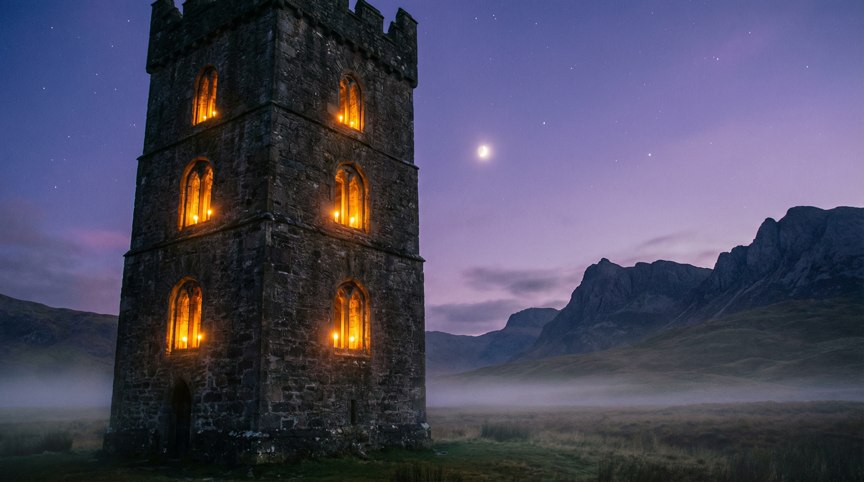 Mystical twilight tower landscape