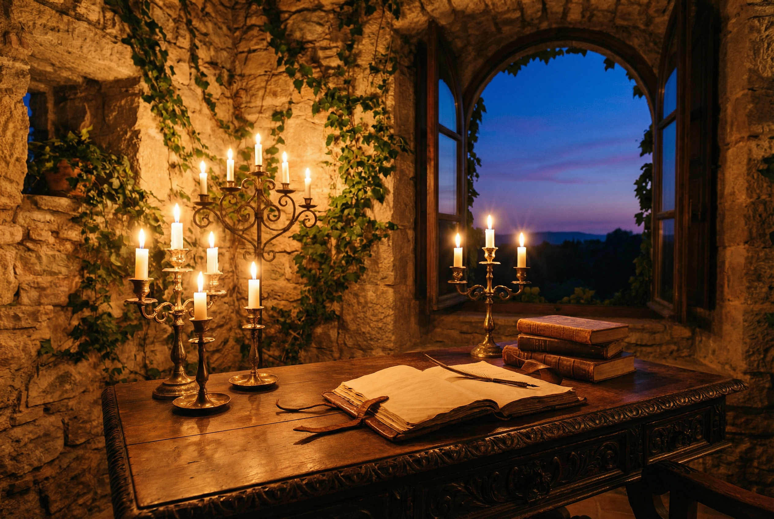 Candlelit study with an open journal