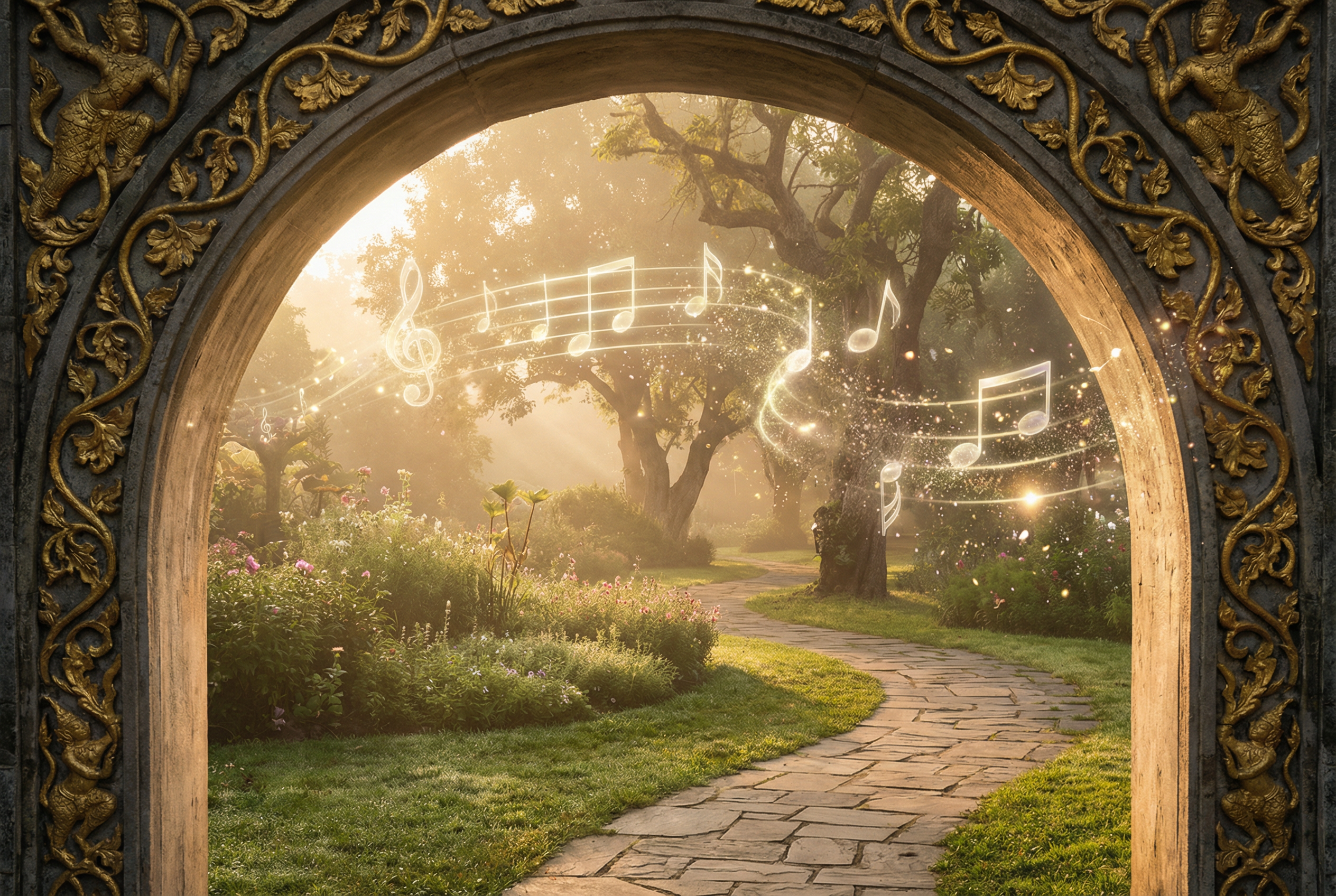 Ornate archway opening to a luminous garden