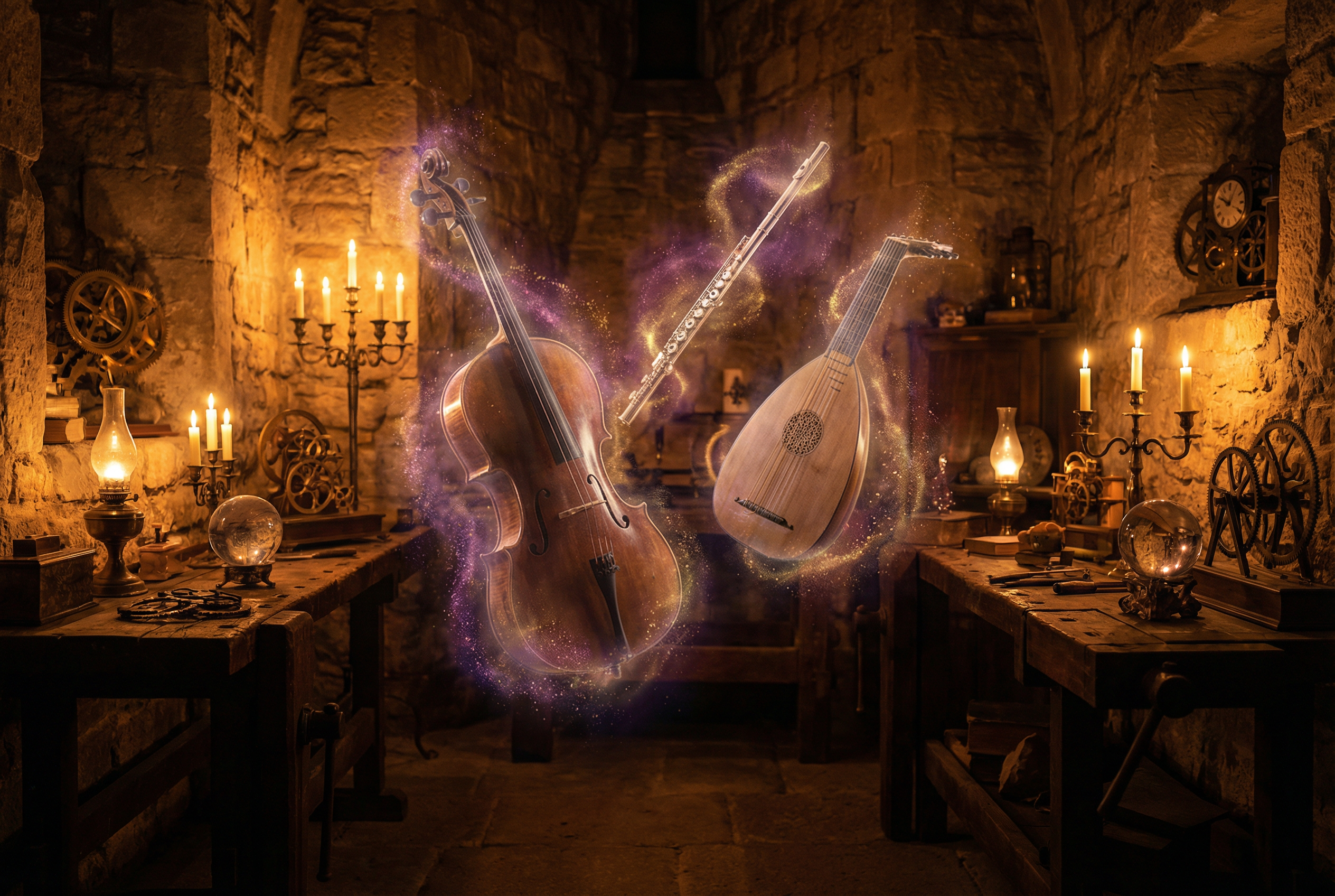 Magical workshop with glowing instruments
