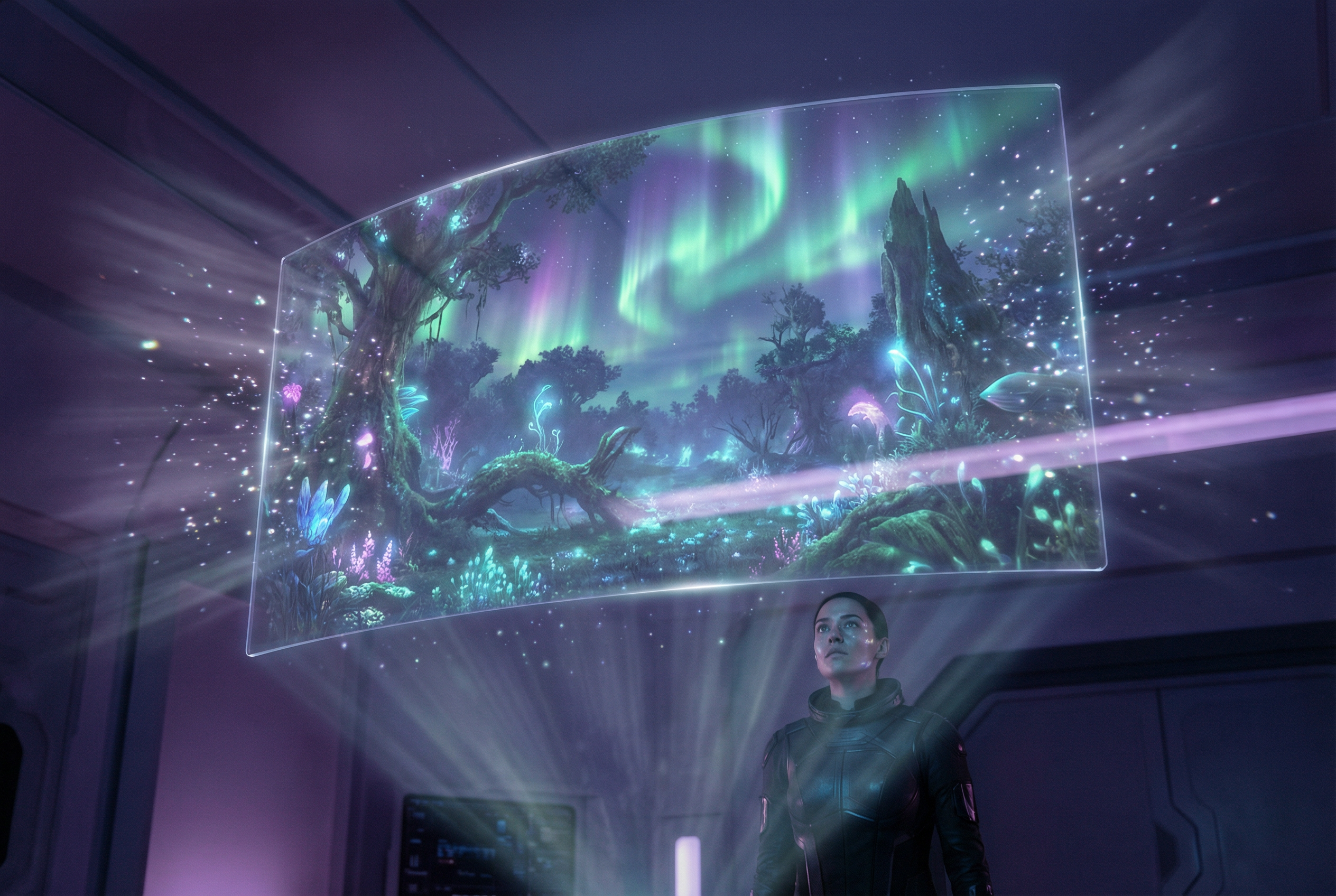 AmbiSpace AI-generated fantasy landscape on a floating display
